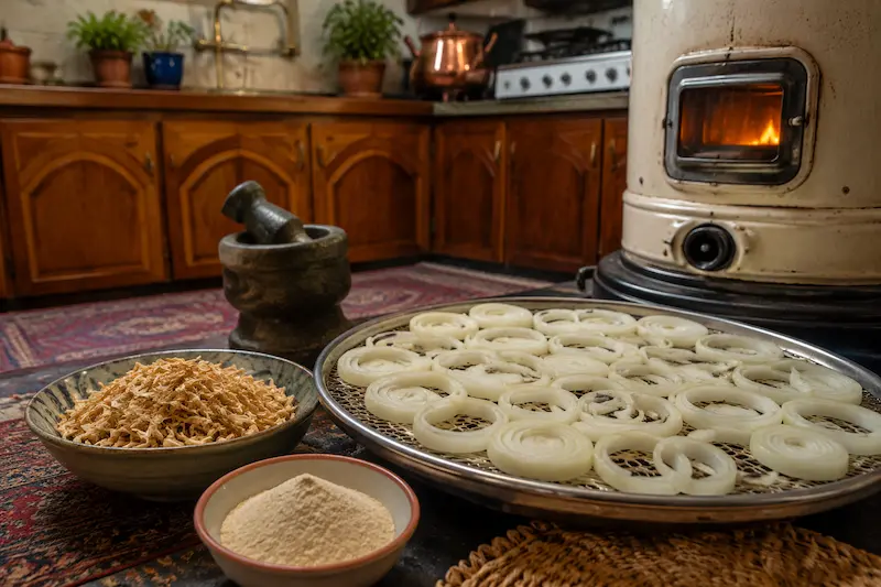 آموزش مرحله به مرحله تهیه پودر پیاز خانگی روی بخاری