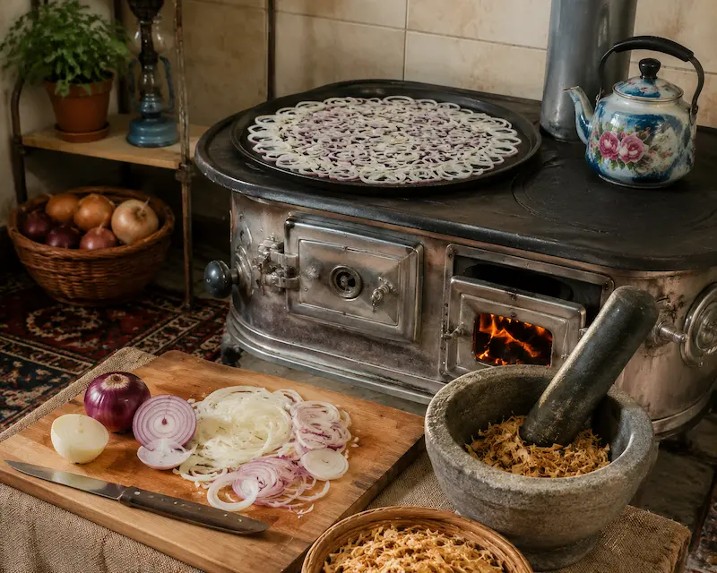 آموزش مرحله به مرحله تهیه پودر پیاز خانگی روی بخاری