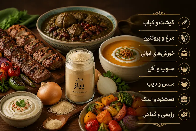 پودر پیاز برای چه غذاهایی استفاده می‌شود؟ راهنمای کامل کاربرد در آشپزی